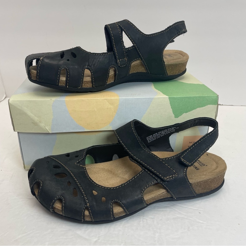 Earth Origins Black Leather Bosk Benji Mary Jane Sandals Women Size 7.5 Wide